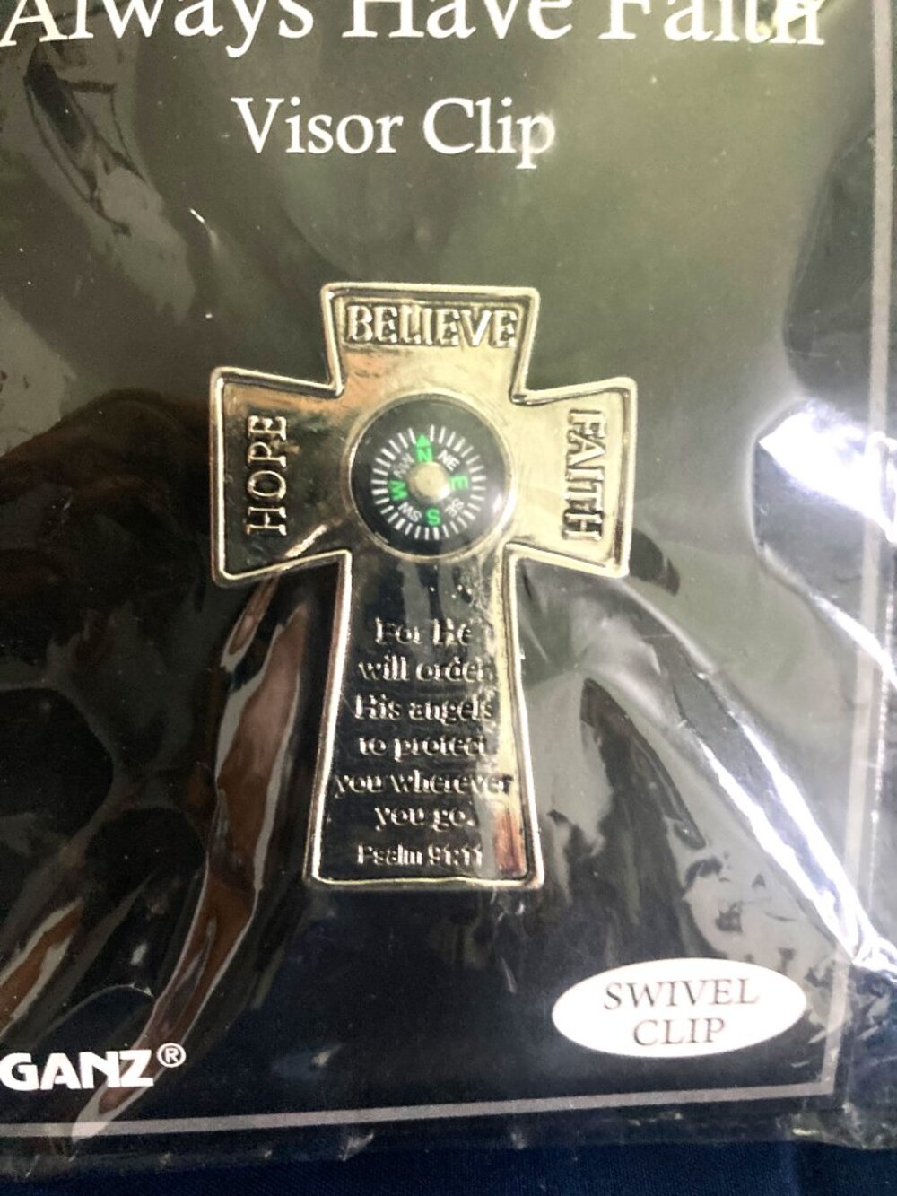 New Ganz Car Truck Visor Clip Compass Cross with Saying Faith, Believe, Hope